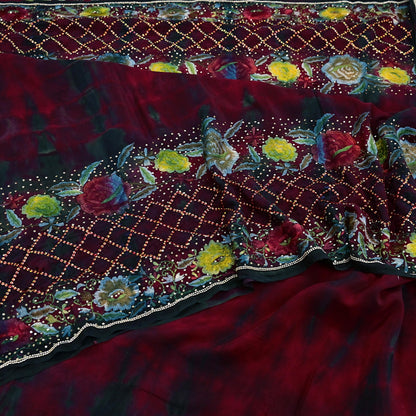 Indian Vintage Saree Maroon & Black Pure Crepe Silk Hand Embroidered Tie-Dye Sari Fabric 6yard Sewing Craft Fabric Ethnic Dressmaking