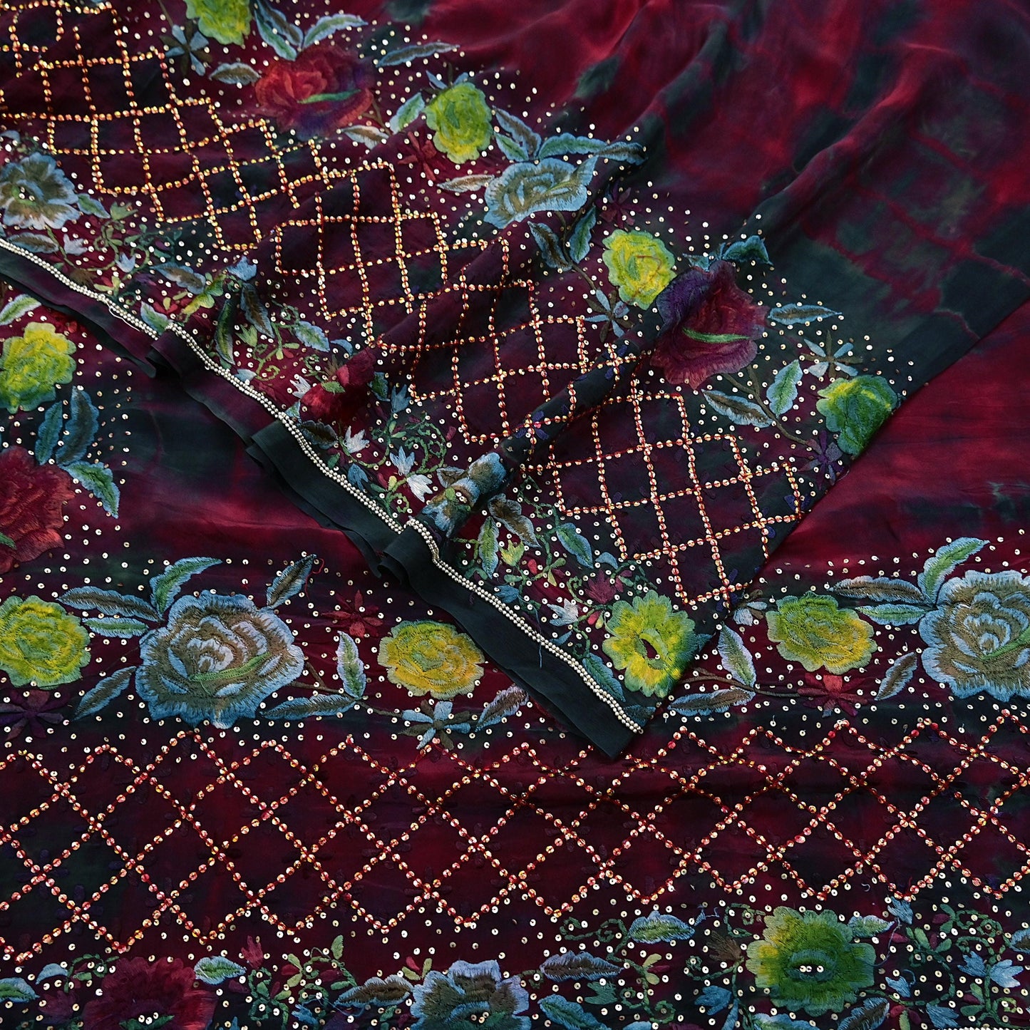 Indian Vintage Saree Maroon & Black Pure Crepe Silk Hand Embroidered Tie-Dye Sari Fabric 6yard Sewing Craft Fabric Ethnic Dressmaking