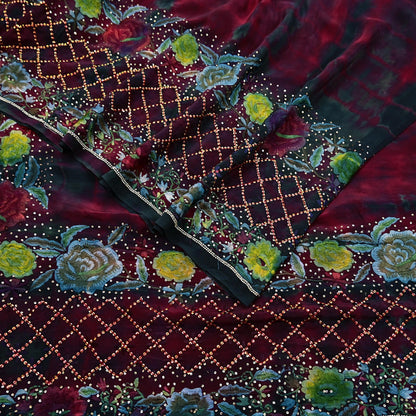 Indian Vintage Saree Maroon & Black Pure Crepe Silk Hand Embroidered Tie-Dye Sari Fabric 6yard Sewing Craft Fabric Ethnic Dressmaking