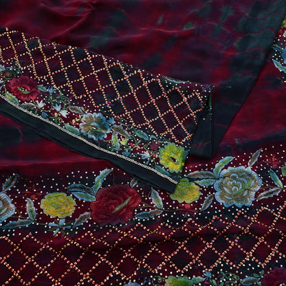 Indian Vintage Saree Maroon & Black Pure Crepe Silk Hand Embroidered Tie-Dye Sari Fabric 6yard Sewing Craft Fabric Ethnic Dressmaking