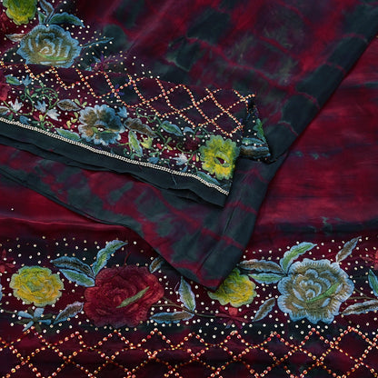 Indian Vintage Saree Maroon & Black Pure Crepe Silk Hand Embroidered Tie-Dye Sari Fabric 6yard Sewing Craft Fabric Ethnic Dressmaking
