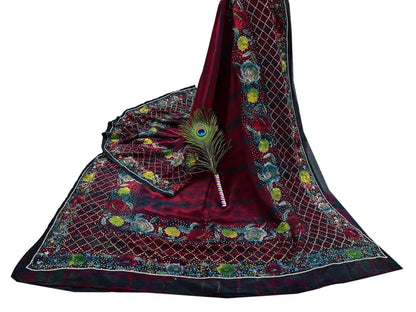 Indian Vintage Saree Maroon & Black Pure Crepe Silk Hand Embroidered Tie-Dye Sari Fabric 6yard Sewing Craft Fabric Ethnic Dressmaking