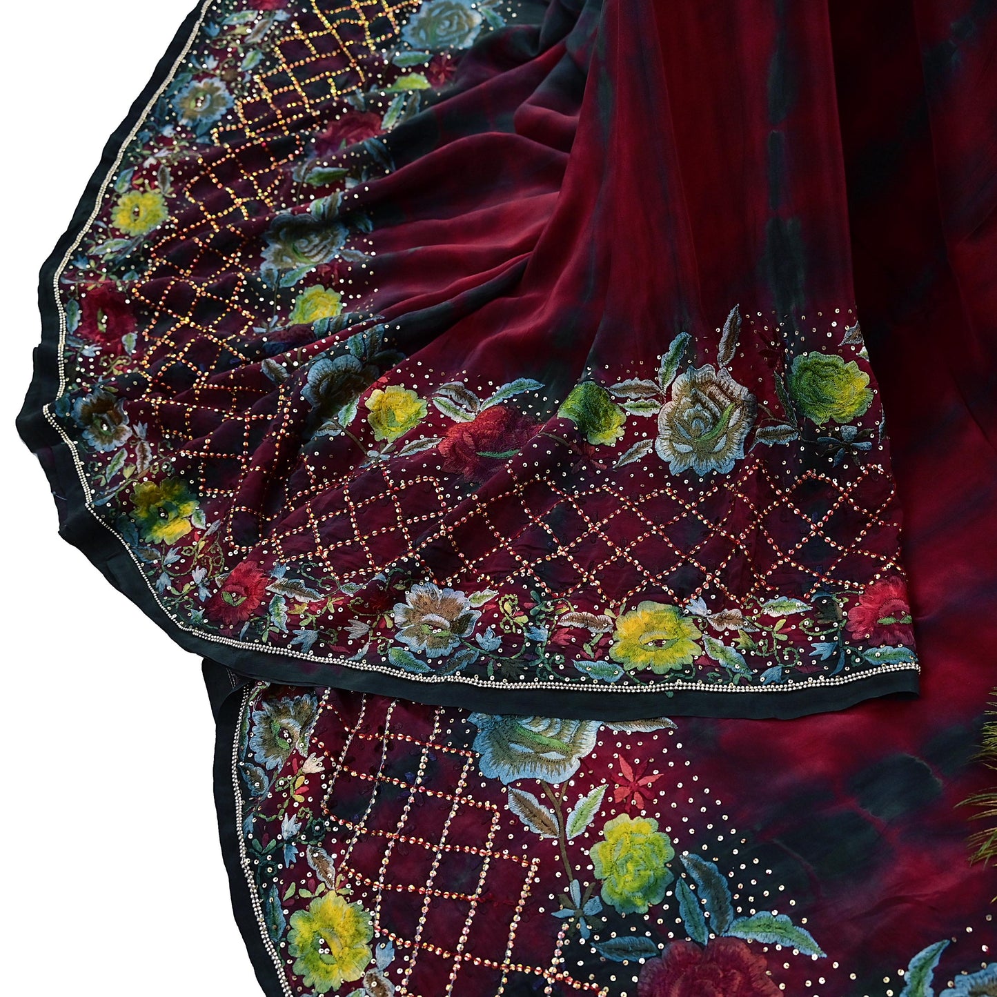 Indian Vintage Saree Maroon & Black Pure Crepe Silk Hand Embroidered Tie-Dye Sari Fabric 6yard Sewing Craft Fabric Ethnic Dressmaking