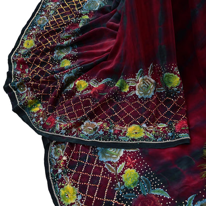 Indian Vintage Saree Maroon & Black Pure Crepe Silk Hand Embroidered Tie-Dye Sari Fabric 6yard Sewing Craft Fabric Ethnic Dressmaking