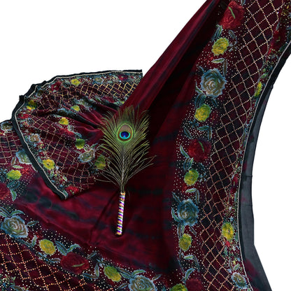 Indian Vintage Saree Maroon & Black Pure Crepe Silk Hand Embroidered Tie-Dye Sari Fabric 6yard Sewing Craft Fabric Ethnic Dressmaking