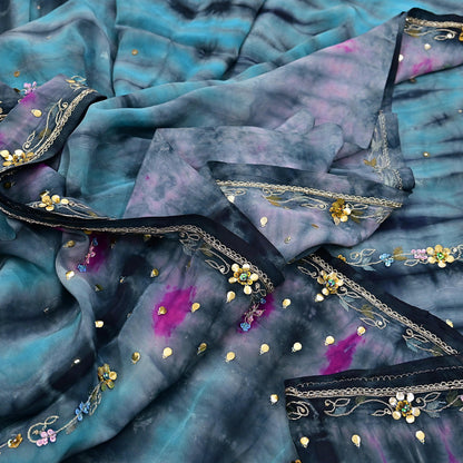 Indian Vintage Sari Pure Crepe Silk Hand Embroidered Sarees 5yd Sewing Craft Fabric Ethnic Wrap Upcycle Quilting Crafting Dress Making