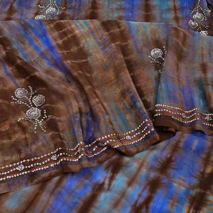 Indian Vintage Saree Brown & Blue Pure Crepe Silk Hand Embroidered Tie-Dye Sari Fabric 6yard Sewing Craft Fabric Dressmaking Crafting Zari