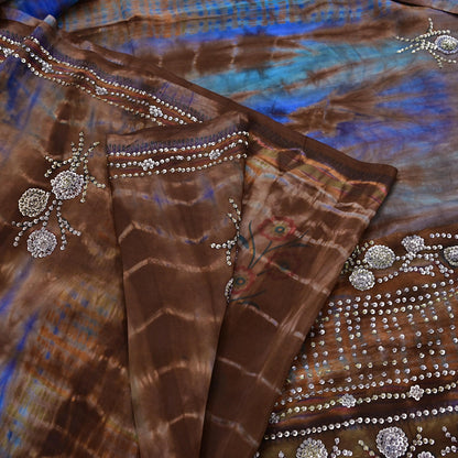 Indian Vintage Saree Brown & Blue Pure Crepe Silk Hand Embroidered Tie-Dye Sari Fabric 6yard Sewing Craft Fabric Dressmaking Crafting Zari