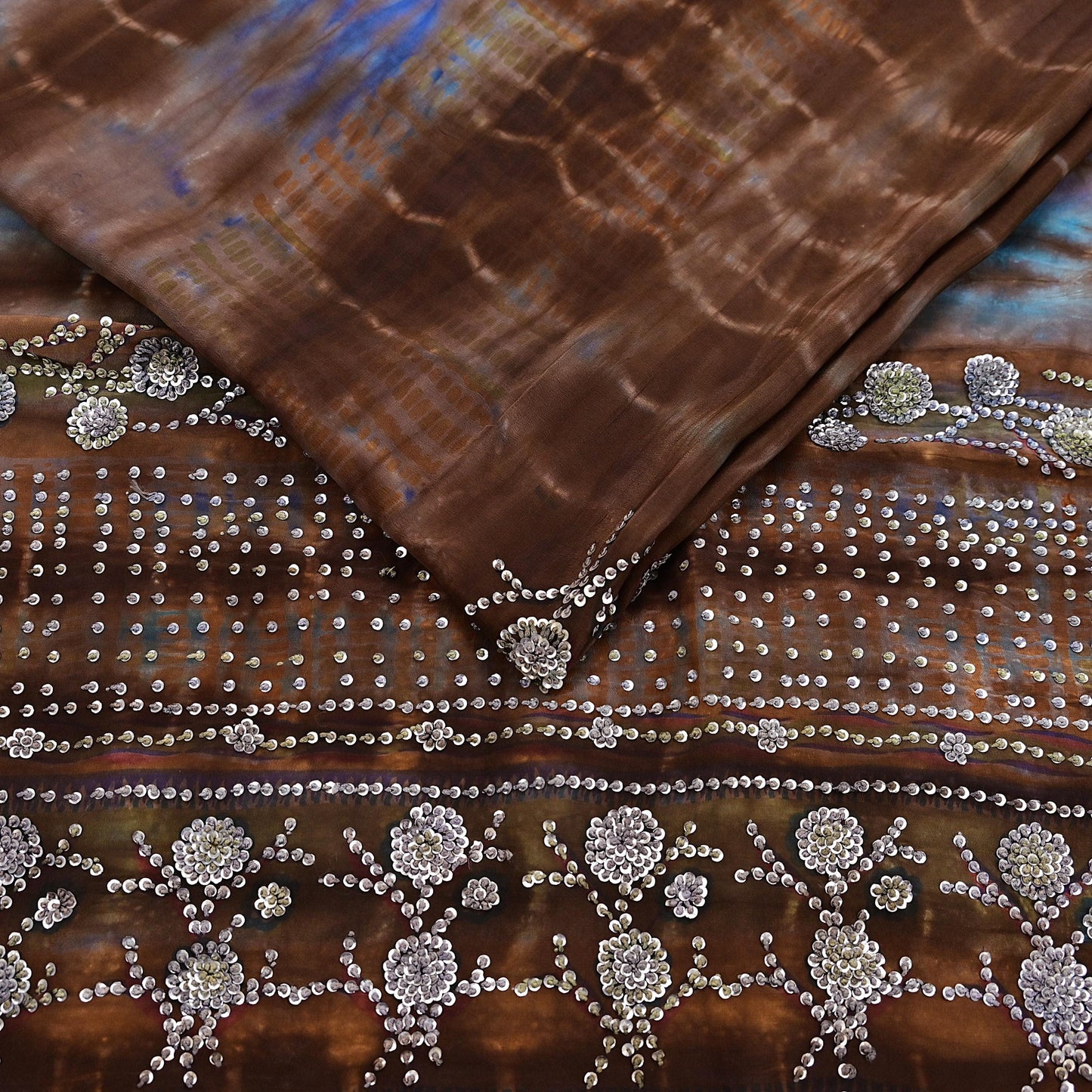 Indian Vintage Saree Brown & Blue Pure Crepe Silk Hand Embroidered Tie-Dye Sari Fabric 6yard Sewing Craft Fabric Dressmaking Crafting Zari