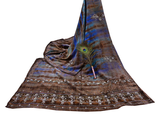 Indian Vintage Saree Brown & Blue Pure Crepe Silk Hand Embroidered Tie-Dye Sari Fabric 6yard Sewing Craft Fabric Dressmaking Crafting Zari