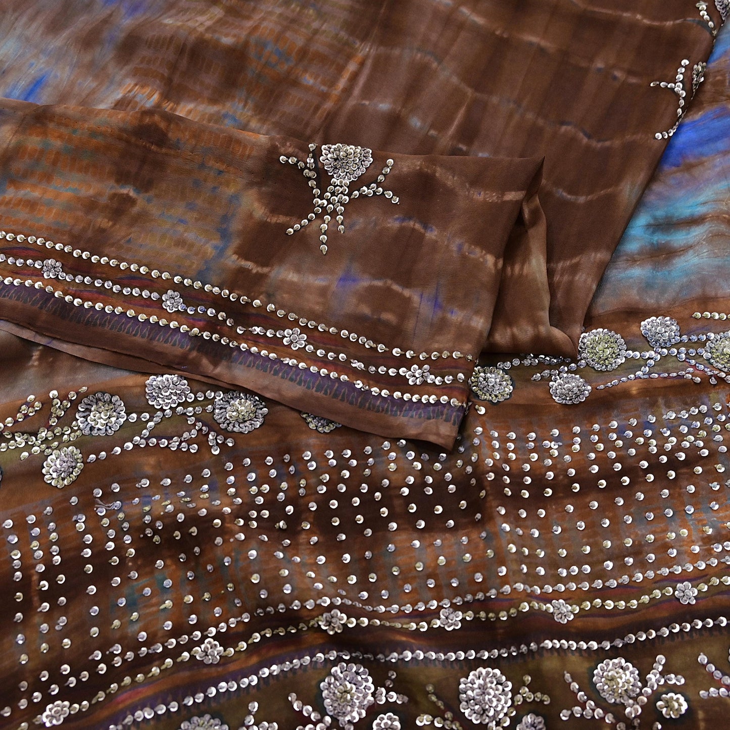 Indian Vintage Saree Brown & Blue Pure Crepe Silk Hand Embroidered Tie-Dye Sari Fabric 6yard Sewing Craft Fabric Dressmaking Crafting Zari
