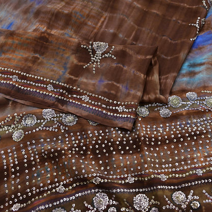 Indian Vintage Saree Brown & Blue Pure Crepe Silk Hand Embroidered Tie-Dye Sari Fabric 6yard Sewing Craft Fabric Dressmaking Crafting Zari