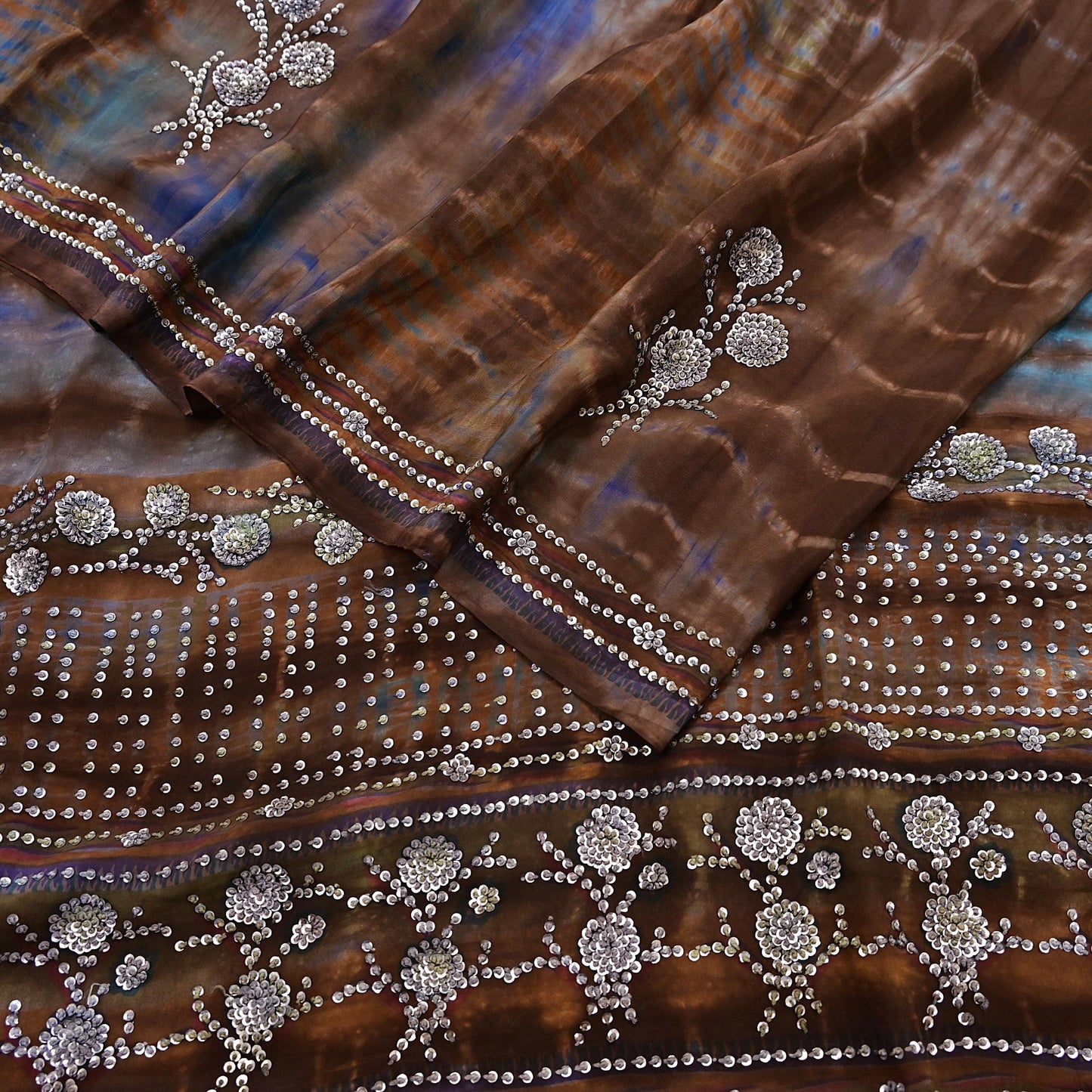 Indian Vintage Saree Brown & Blue Pure Crepe Silk Hand Embroidered Tie-Dye Sari Fabric 6yard Sewing Craft Fabric Dressmaking Crafting Zari