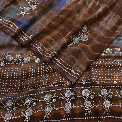 Indian Vintage Saree Brown & Blue Pure Crepe Silk Hand Embroidered Tie-Dye Sari Fabric 6yard Sewing Craft Fabric Dressmaking Crafting Zari