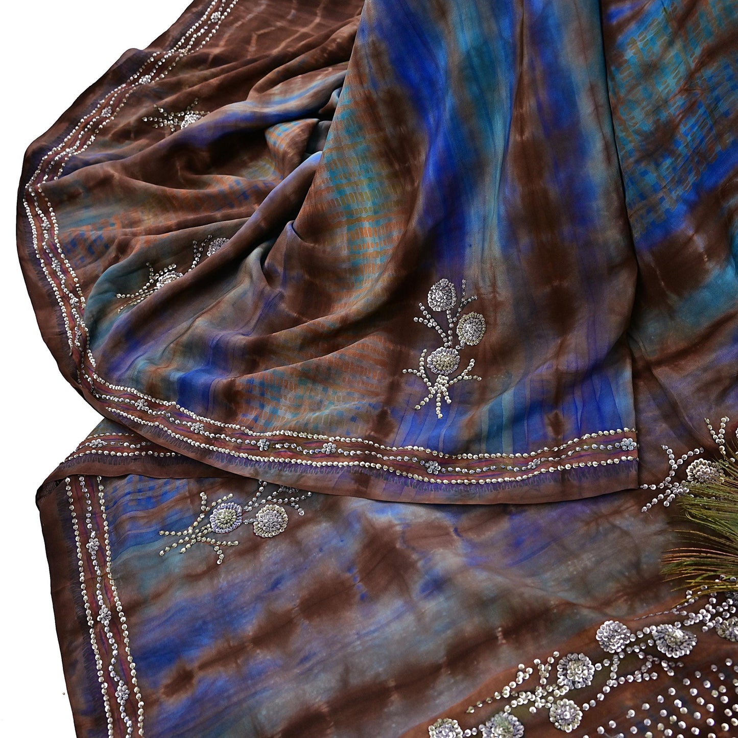 Indian Vintage Saree Brown & Blue Pure Crepe Silk Hand Embroidered Tie-Dye Sari Fabric 6yard Sewing Craft Fabric Dressmaking Crafting Zari