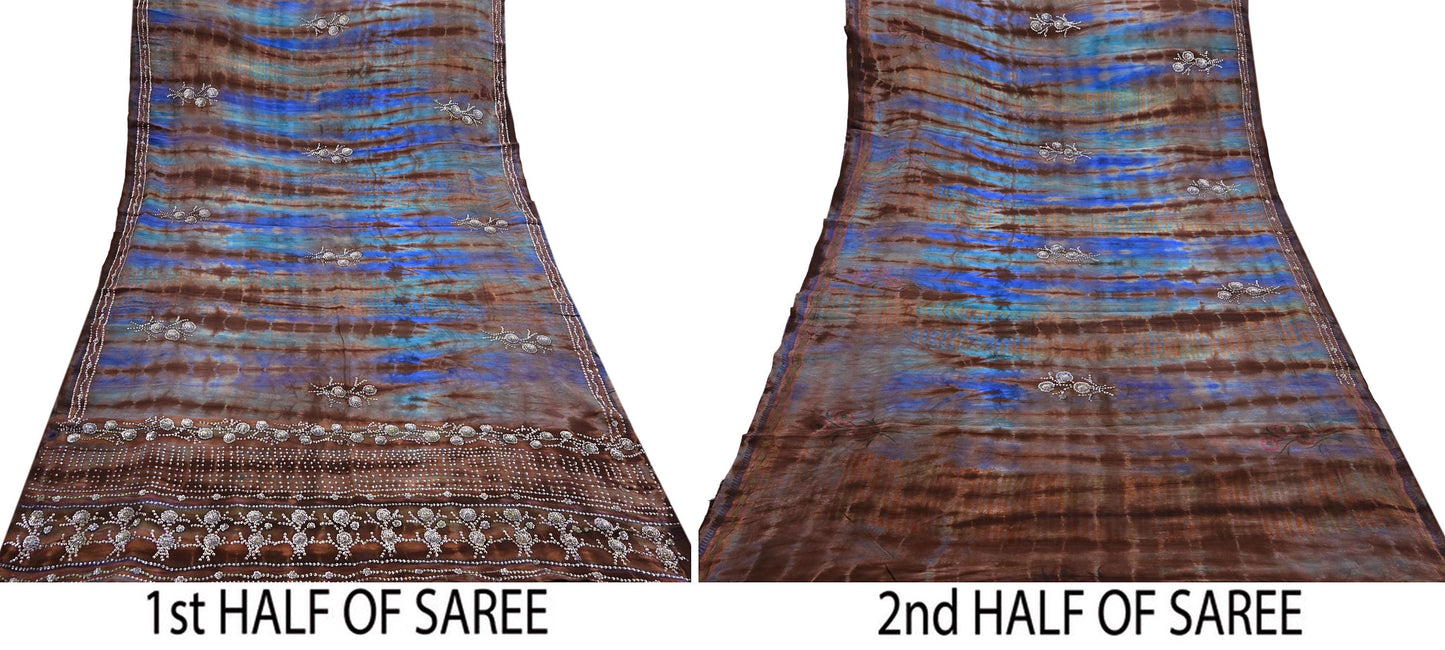 Indian Vintage Saree Brown & Blue Pure Crepe Silk Hand Embroidered Tie-Dye Sari Fabric 6yard Sewing Craft Fabric Dressmaking Crafting Zari