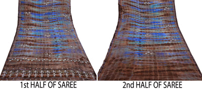 Indian Vintage Saree Brown & Blue Pure Crepe Silk Hand Embroidered Tie-Dye Sari Fabric 6yard Sewing Craft Fabric Dressmaking Crafting Zari