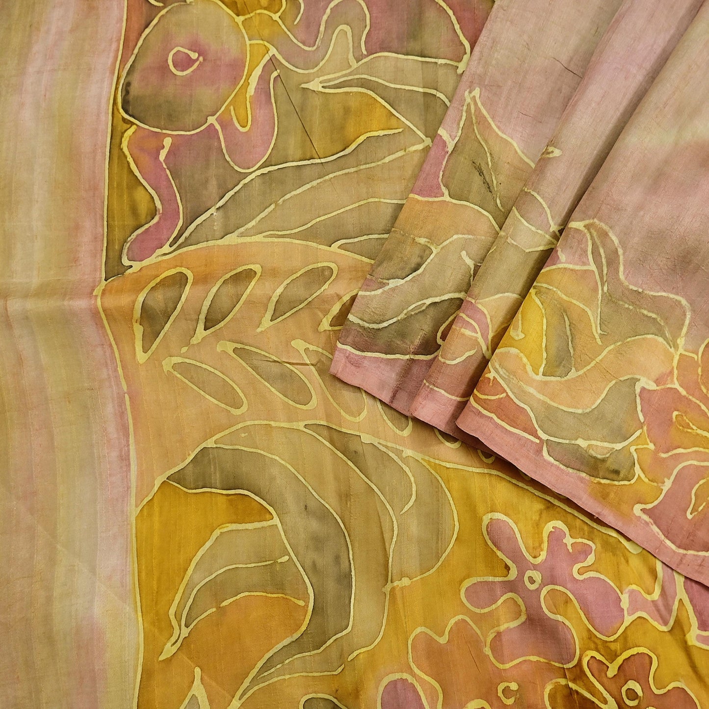 Vintage Brown & Green Pure Silk Saree Indian Printed Floral Silk Fabric 6Yard Soft Sewing Material for Dressmaking, Quilting Crafts