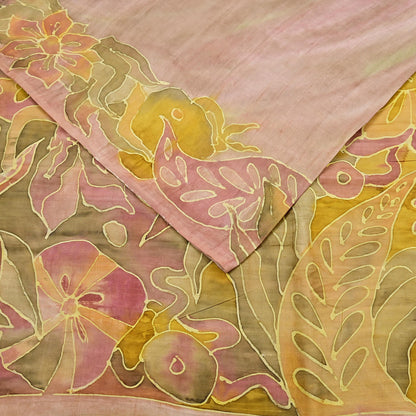 Vintage Brown & Green Pure Silk Saree Indian Printed Floral Silk Fabric 6Yard Soft Sewing Material for Dressmaking, Quilting Crafts