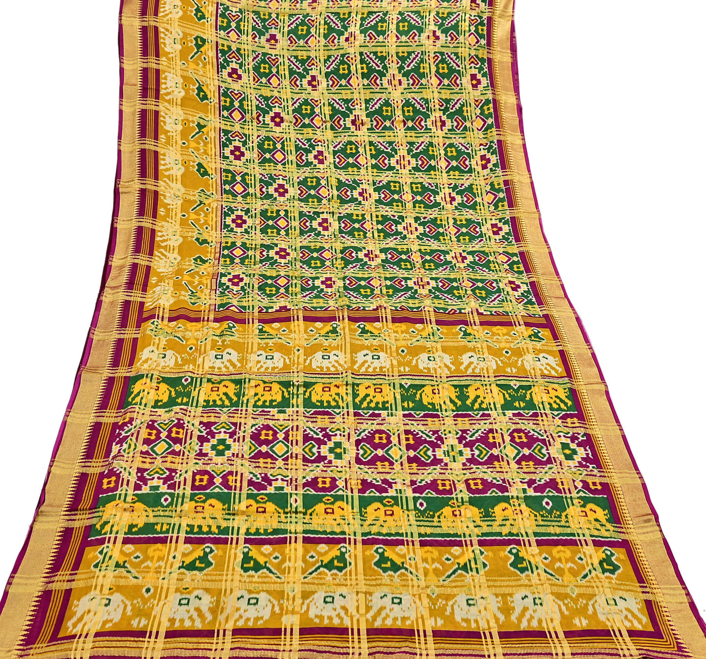 Indian Vintage Sari Saffron & Green Ikat Printed Pure Cotton Sarees Craft Fabric 5Yd Soft Sewing Sarong Wrap Boho Quilting Dress making