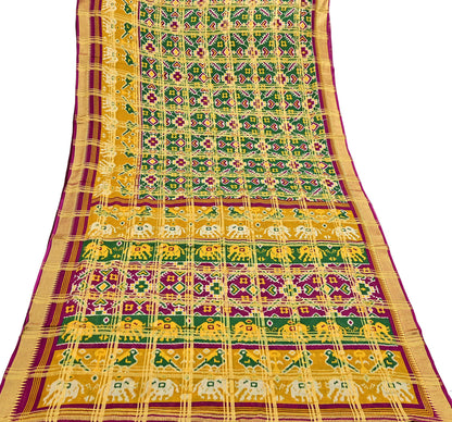 Indian Vintage Sari Saffron & Green Ikat Printed Pure Cotton Sarees Craft Fabric 5Yd Soft Sewing Sarong Wrap Boho Quilting Dress making