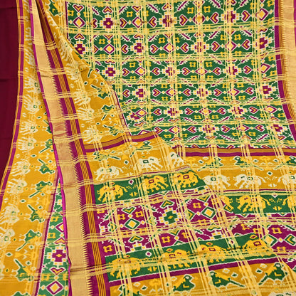 Indian Vintage Sari Saffron & Green Ikat Printed Pure Cotton Sarees Craft Fabric 5Yd Soft Sewing Sarong Wrap Boho Quilting Dress making