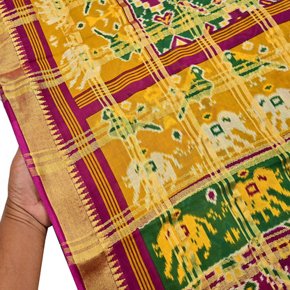 Indian Vintage Sari Saffron & Green Ikat Printed Pure Cotton Sarees Craft Fabric 5Yd Soft Sewing Sarong Wrap Boho Quilting Dress making