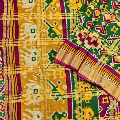 Indian Vintage Sari Saffron & Green Ikat Printed Pure Cotton Sarees Craft Fabric 5Yd Soft Sewing Sarong Wrap Boho Quilting Dress making