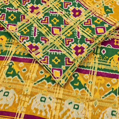 Indian Vintage Sari Saffron & Green Ikat Printed Pure Cotton Sarees Craft Fabric 5Yd Soft Sewing Sarong Wrap Boho Quilting Dress making