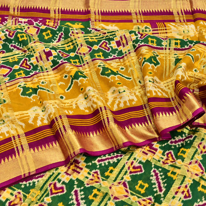 Indian Vintage Sari Saffron & Green Ikat Printed Pure Cotton Sarees Craft Fabric 5Yd Soft Sewing Sarong Wrap Boho Quilting Dress making
