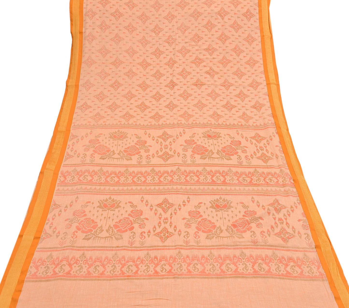 Indian Vintage Sari Peach Printed Pure Cotton Sarees Craft Fabric 5Yd Soft Sewing Sarong Wrap Boho Floral Quilting Dress making Zari border