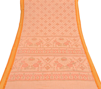 Indian Vintage Sari Peach Printed Pure Cotton Sarees Craft Fabric 5Yd Soft Sewing Sarong Wrap Boho Floral Quilting Dress making Zari border
