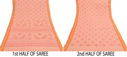 Indian Vintage Sari Peach Printed Pure Cotton Sarees Craft Fabric 5Yd Soft Sewing Sarong Wrap Boho Floral Quilting Dress making Zari border
