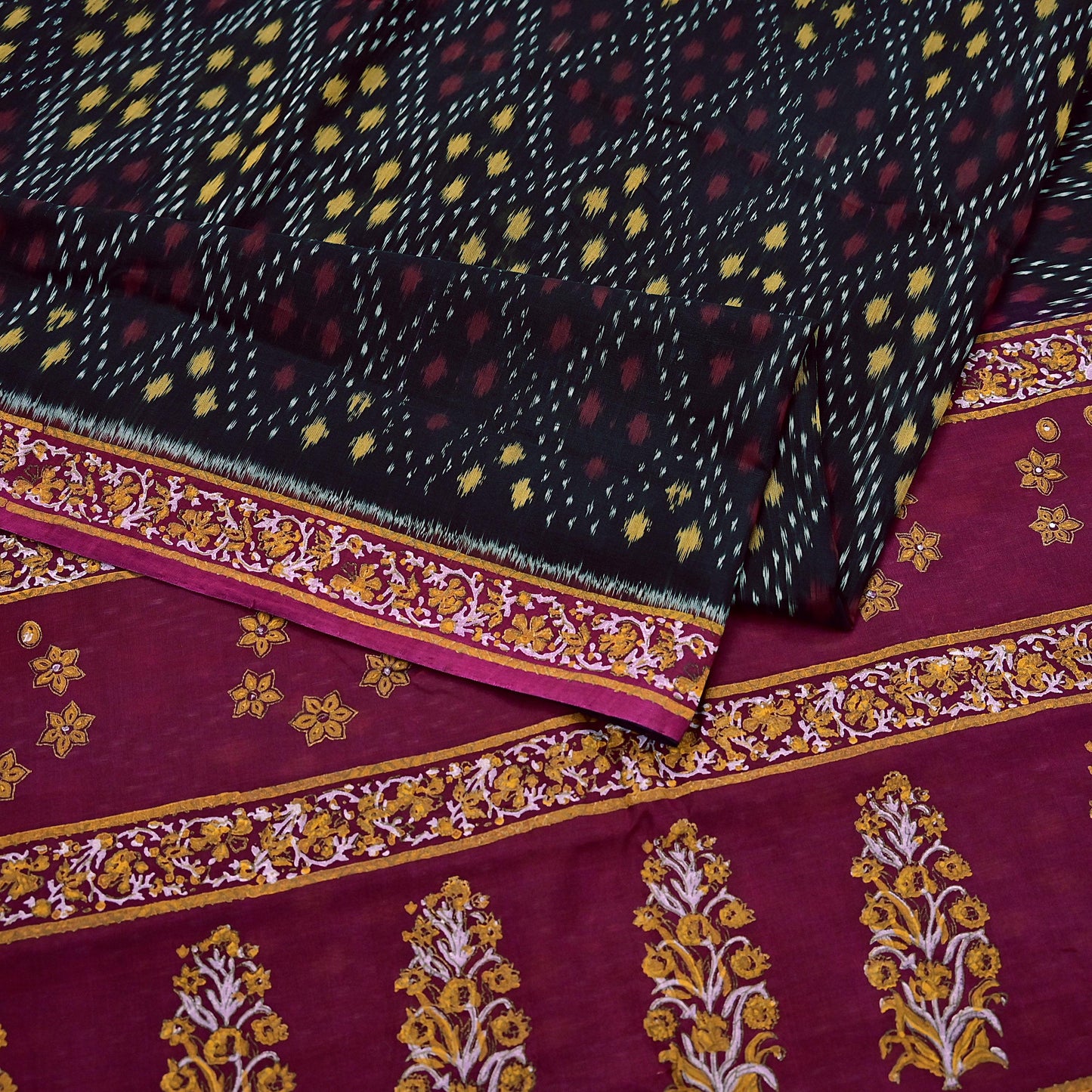 Indian Vintage Sari Black & Maroon Hand woven Sambalpuri Ikat Saree Pure Silk Craft Fabric 5Yd Ethnic Chackra Border Zari Dress making