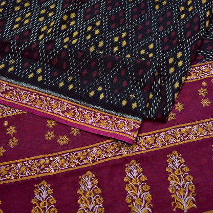 Indian Vintage Sari Black & Maroon Hand woven Sambalpuri Ikat Saree Pure Silk Craft Fabric 5Yd Ethnic Chackra Border Zari Dress making