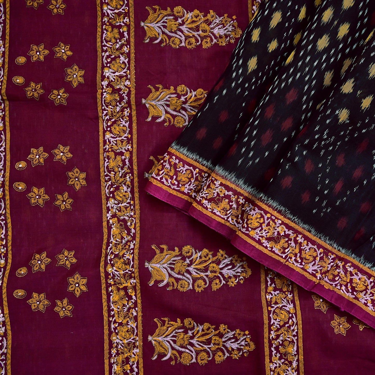 Indian Vintage Sari Black & Maroon Hand woven Sambalpuri Ikat Saree Pure Silk Craft Fabric 5Yd Ethnic Chackra Border Zari Dress making
