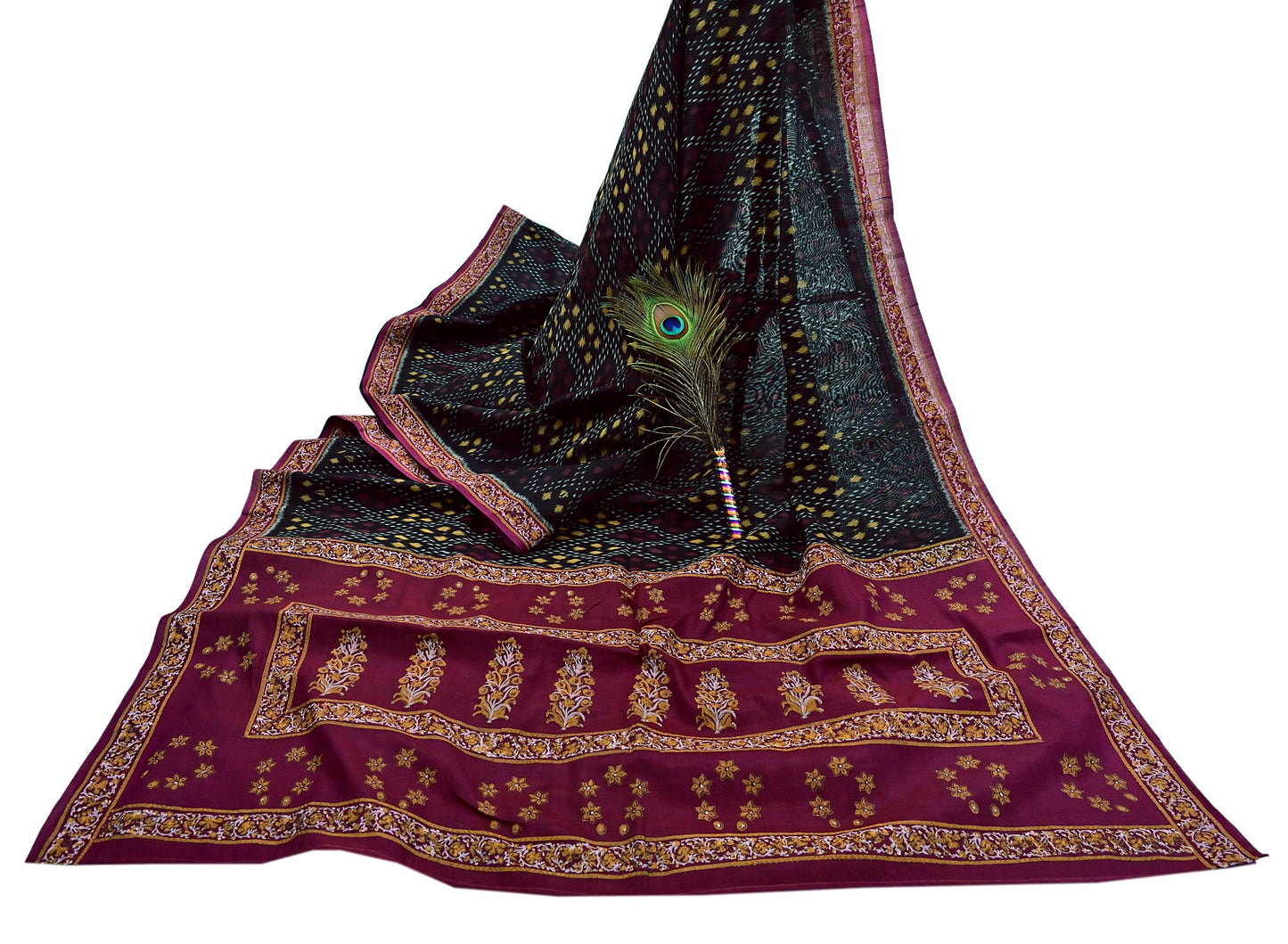 Indian Vintage Sari Black & Maroon Hand woven Sambalpuri Ikat Saree Pure Silk Craft Fabric 5Yd Ethnic Chackra Border Zari Dress making