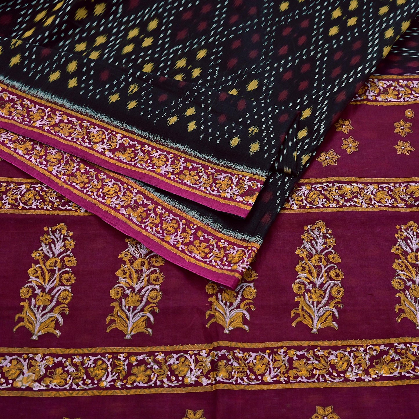 Indian Vintage Sari Black & Maroon Hand woven Sambalpuri Ikat Saree Pure Silk Craft Fabric 5Yd Ethnic Chackra Border Zari Dress making