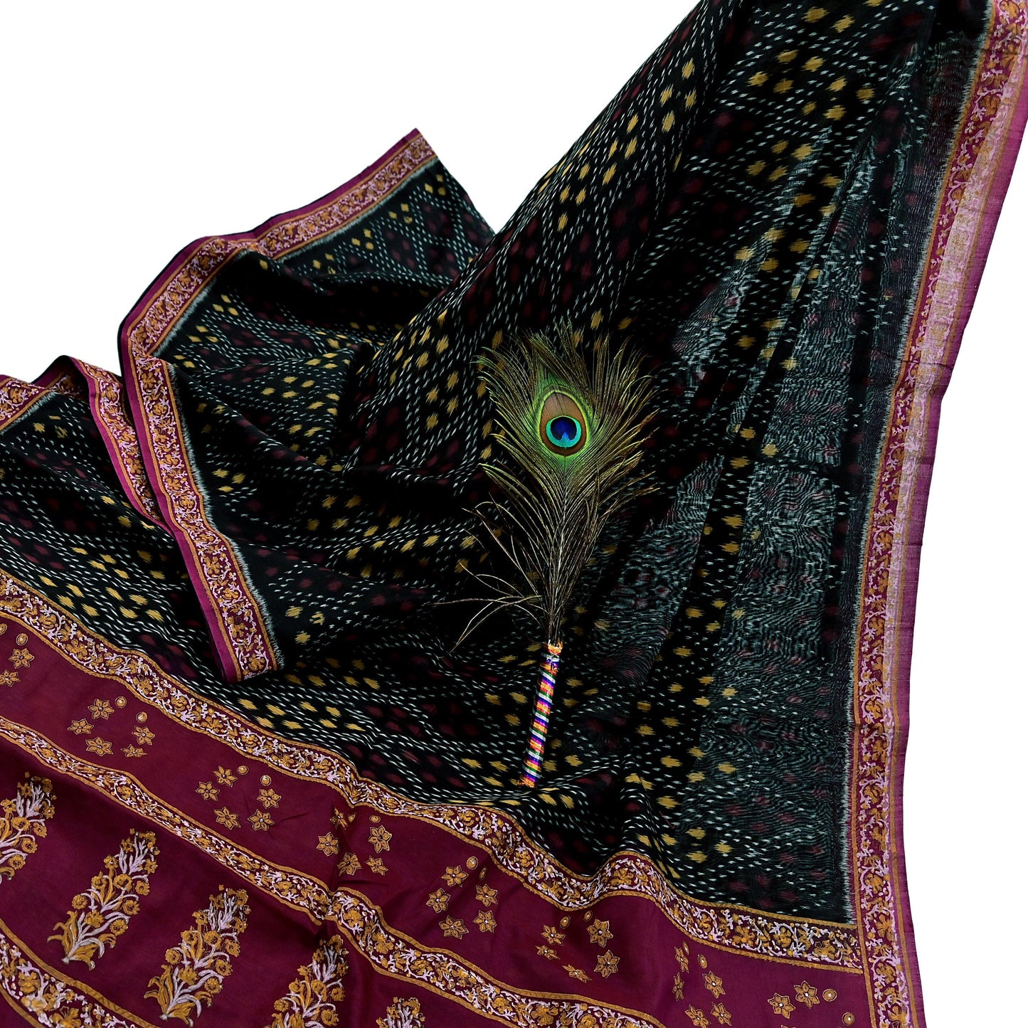 Indian Vintage Sari Black & Maroon Hand woven Sambalpuri Ikat Saree Pure Silk Craft Fabric 5Yd Ethnic Chackra Border Zari Dress making