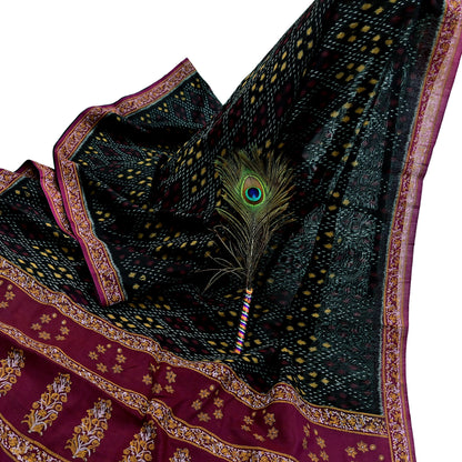 Indian Vintage Sari Black & Maroon Hand woven Sambalpuri Ikat Saree Pure Silk Craft Fabric 5Yd Ethnic Chackra Border Zari Dress making