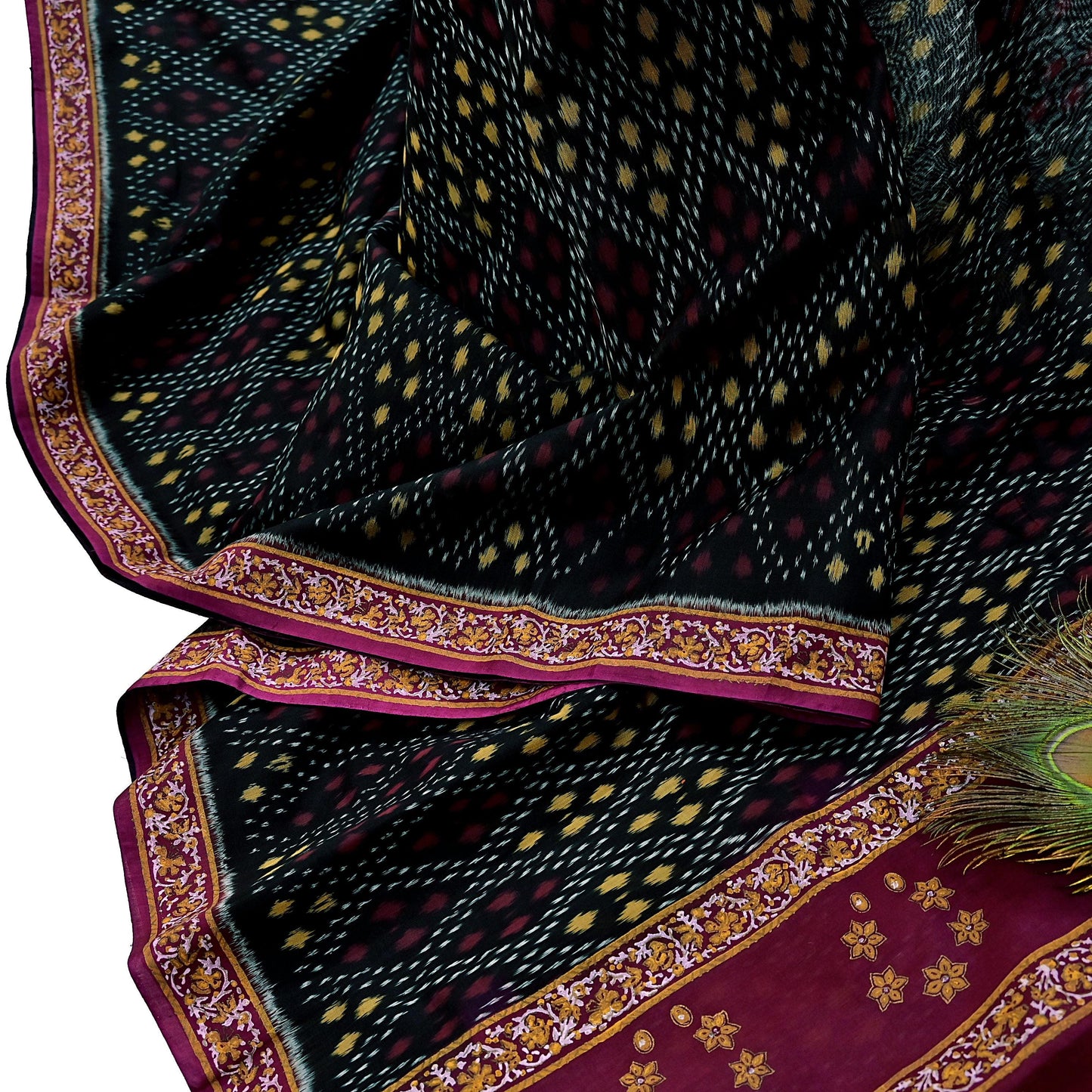 Indian Vintage Sari Black & Maroon Hand woven Sambalpuri Ikat Saree Pure Silk Craft Fabric 5Yd Ethnic Chackra Border Zari Dress making