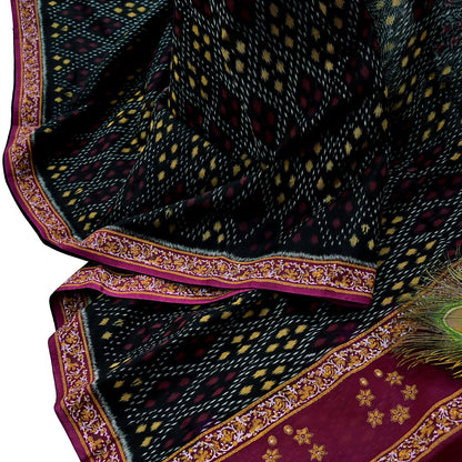 Indian Vintage Sari Black & Maroon Hand woven Sambalpuri Ikat Saree Pure Silk Craft Fabric 5Yd Ethnic Chackra Border Zari Dress making