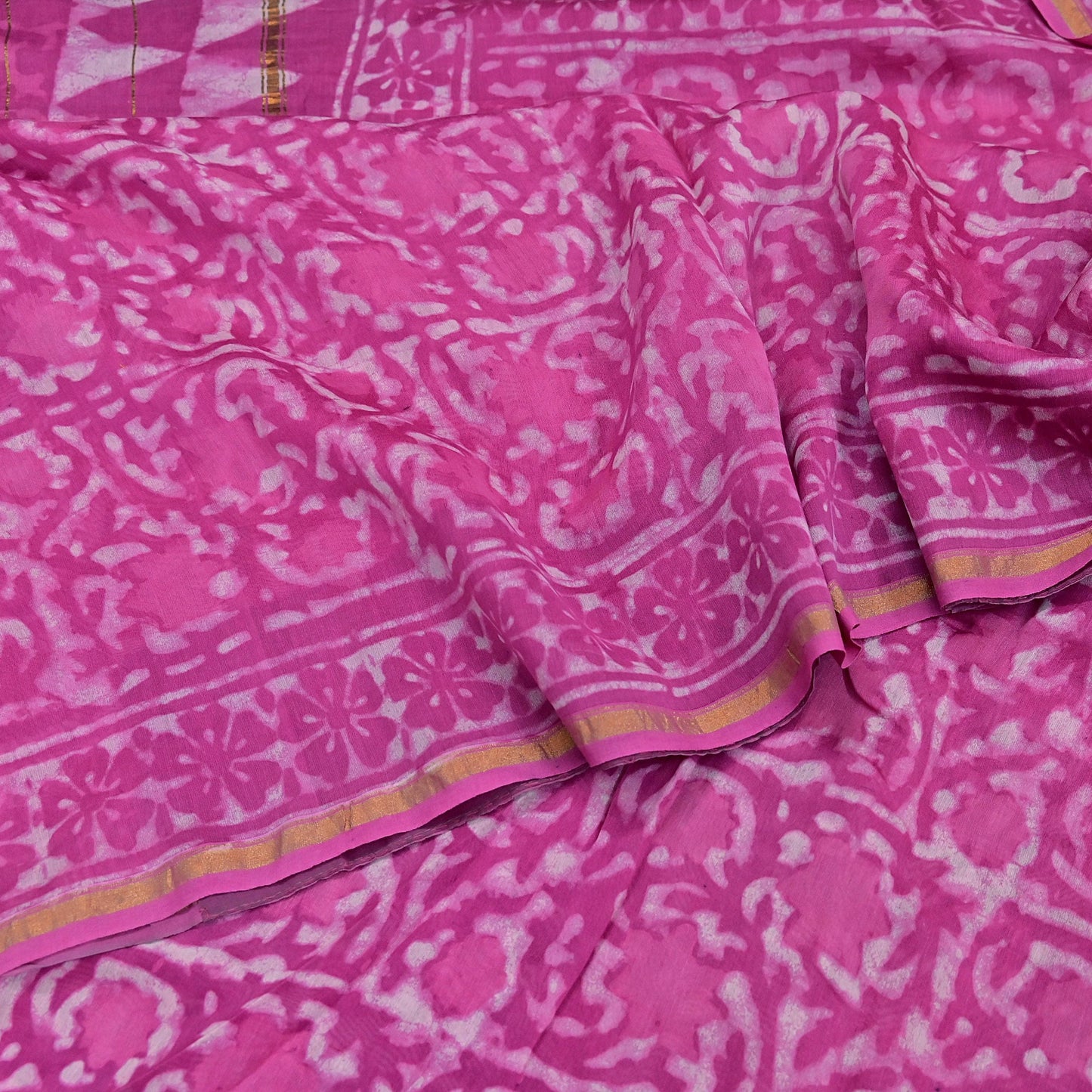 Indian Vintage Sari pink & White Pure chanderi Silk tie-dye Printed Saree 5Yd Fabric Soft Zari Border Ethnic Upcycle Crafting Dress making