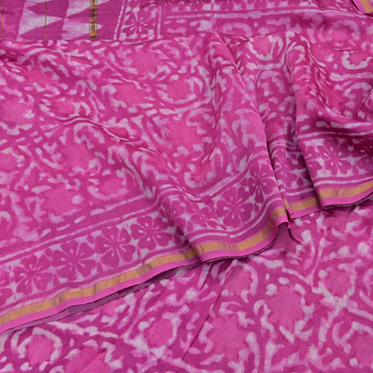 Indian Vintage Sari pink & White Pure chanderi Silk tie-dye Printed Saree 5Yd Fabric Soft Zari Border Ethnic Upcycle Crafting Dress making