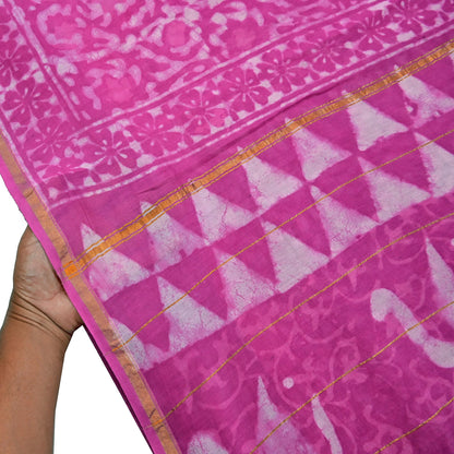 Indian Vintage Sari pink & White Pure chanderi Silk tie-dye Printed Saree 5Yd Fabric Soft Zari Border Ethnic Upcycle Crafting Dress making