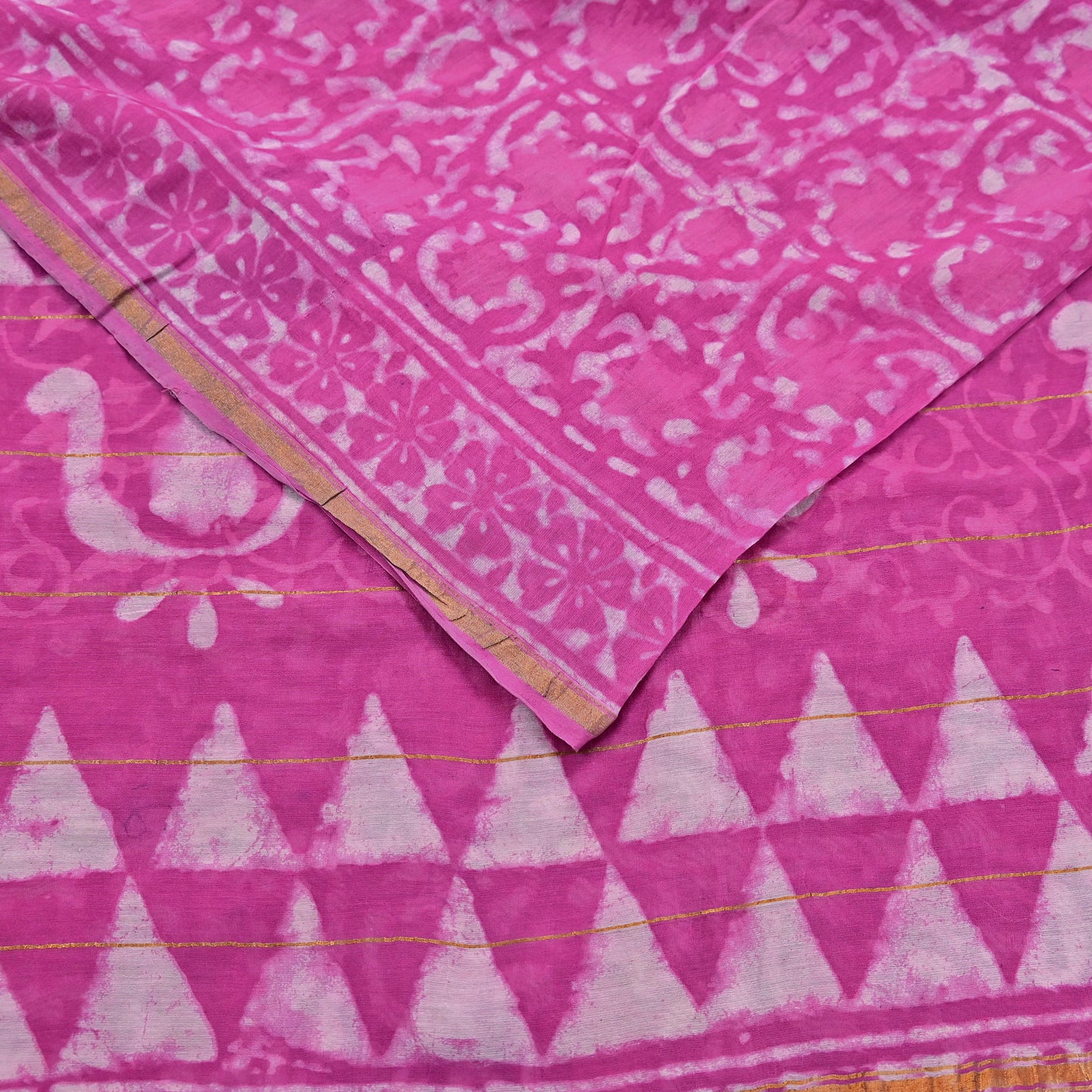 Indian Vintage Sari pink & White Pure chanderi Silk tie-dye Printed Saree 5Yd Fabric Soft Zari Border Ethnic Upcycle Crafting Dress making