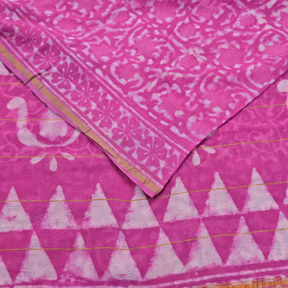 Indian Vintage Sari pink & White Pure chanderi Silk tie-dye Printed Saree 5Yd Fabric Soft Zari Border Ethnic Upcycle Crafting Dress making