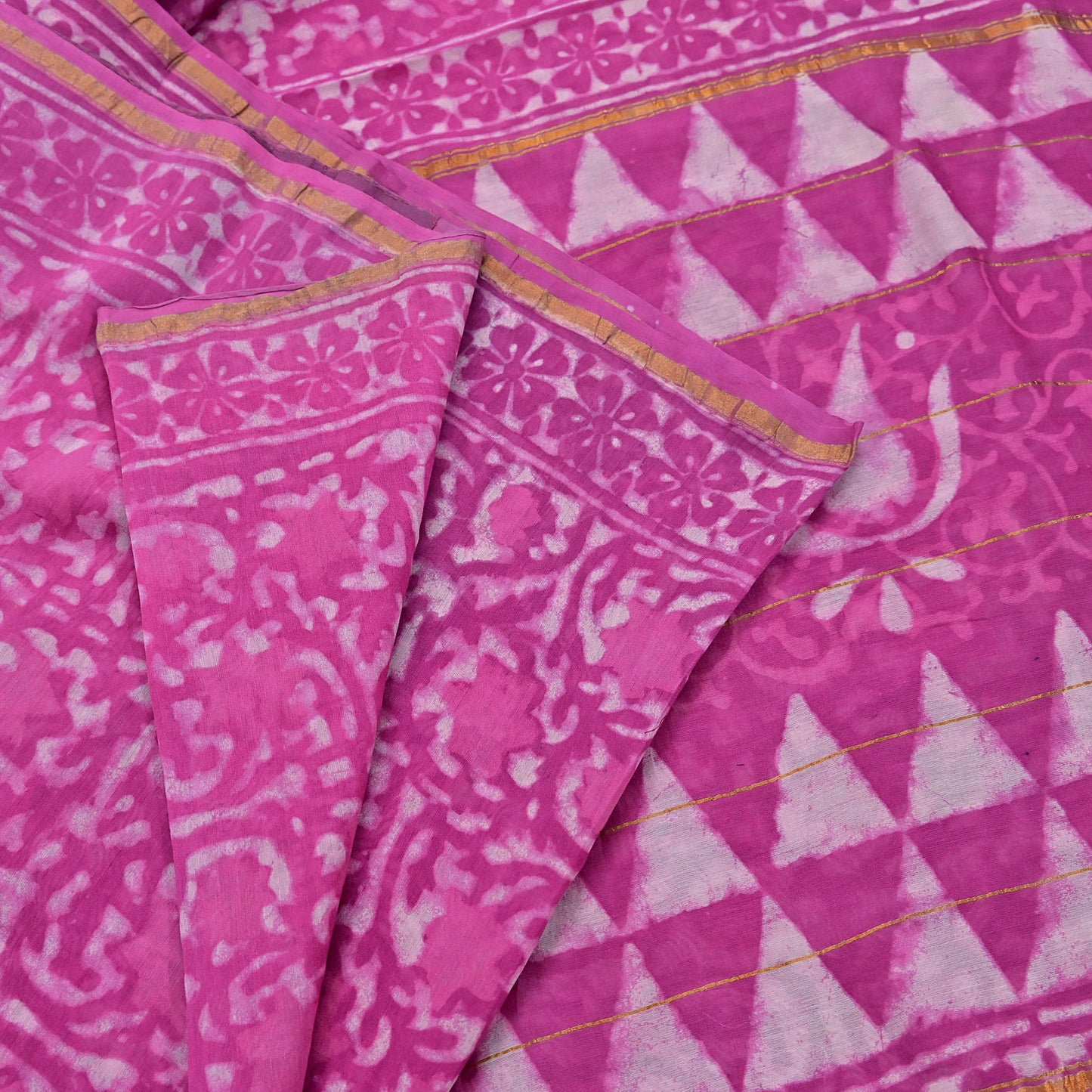 Indian Vintage Sari pink & White Pure chanderi Silk tie-dye Printed Saree 5Yd Fabric Soft Zari Border Ethnic Upcycle Crafting Dress making