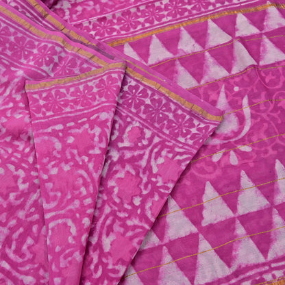 Indian Vintage Sari pink & White Pure chanderi Silk tie-dye Printed Saree 5Yd Fabric Soft Zari Border Ethnic Upcycle Crafting Dress making