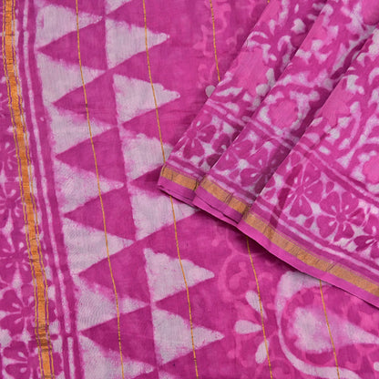 Indian Vintage Sari pink & White Pure chanderi Silk tie-dye Printed Saree 5Yd Fabric Soft Zari Border Ethnic Upcycle Crafting Dress making